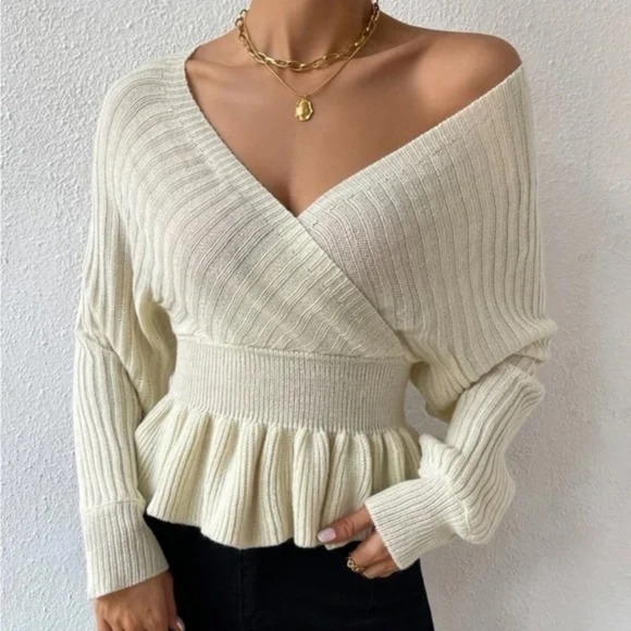 Cozy Ribbed Batwing Peplum Ruffle Sweater Top - Picture 12 of 14